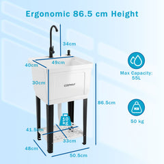 55L Utility Sink Laundry Tub with Rotating Faucet Storage Shelf Drip Tray Adjustable Legs-S
