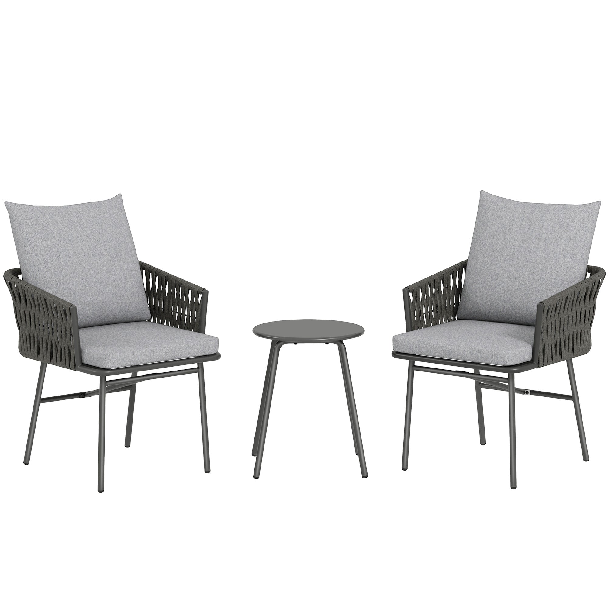 Outsunny 3-Piece Rattan Bistro Set, Garden Table and Chairs with 4 Cushions, Patio Rattan Conversation Furniture Set for Balcony, Porch, Terrace, Grey