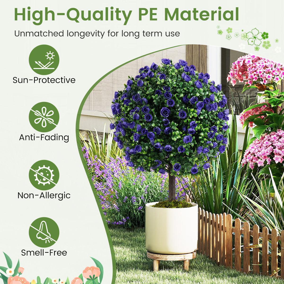 Set of 2 Artificial Purple Rose Topiary Ball Trees 55cm Faux Boxwood Ball Tree-Purple