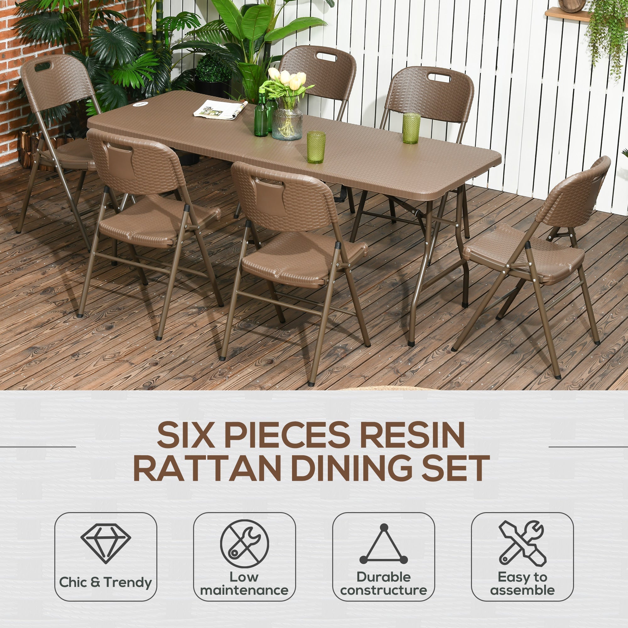 Outsunny 6 Seater Garden Dining Set, Rattan-Style HDPE Garden Furniture Set, Outdoor Dining Table and Chairs with 6 Armchairs and Rectangular Plastic Top Table for Patio, Balcony, Dark Brown