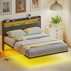 HOMCOM Floating Bed Frame, Upholstered 4ft6 Double Size Bed, Platform Bed with RGB LED Lights and Charging Station, Grey