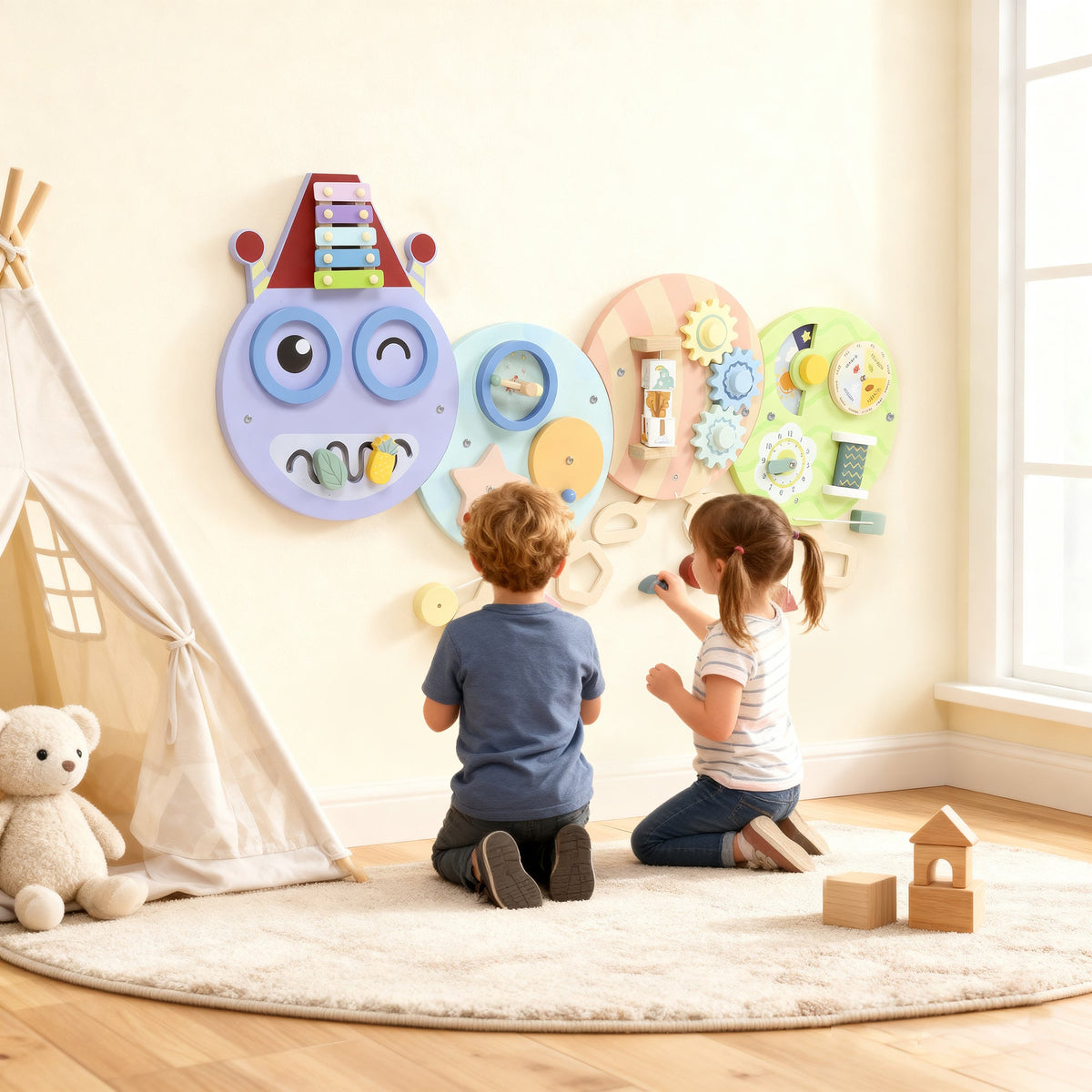 AIYAPLAY Caterpillar Busy Board with 7 Activities, for Nursery, Playroom, Home, for 3+ Years