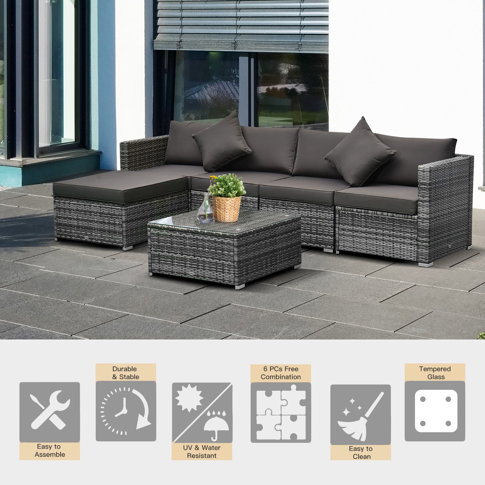 Outsunny 6 Pieces Rattan Garden Furniture Set, 5 Seater Sectional Garden Corner Sofa Set with Glass Top Coffee Table, Cushions and Pillows, All-Weather Wicker Conversation Furniture, Grey