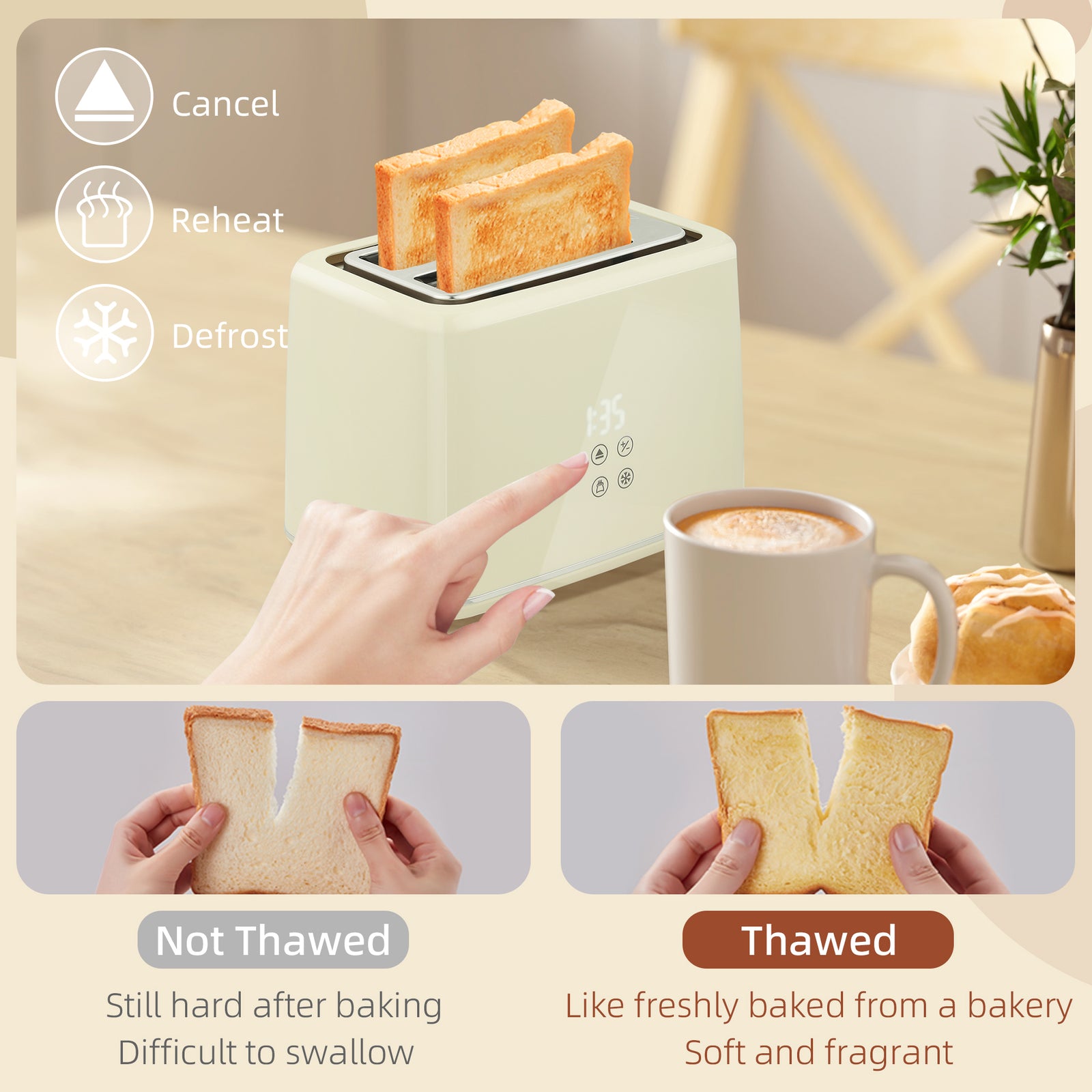 HOMCOM Digital Stainless Steel Kettle and Toaster Set, 1.5L 3000W Fast Boil Kettle, 2 Slice Toaster with 7 Level Browning Controls, Defrost, Reheat, Keep Warm, Crumb Tray and LED Touch Display, Beige
