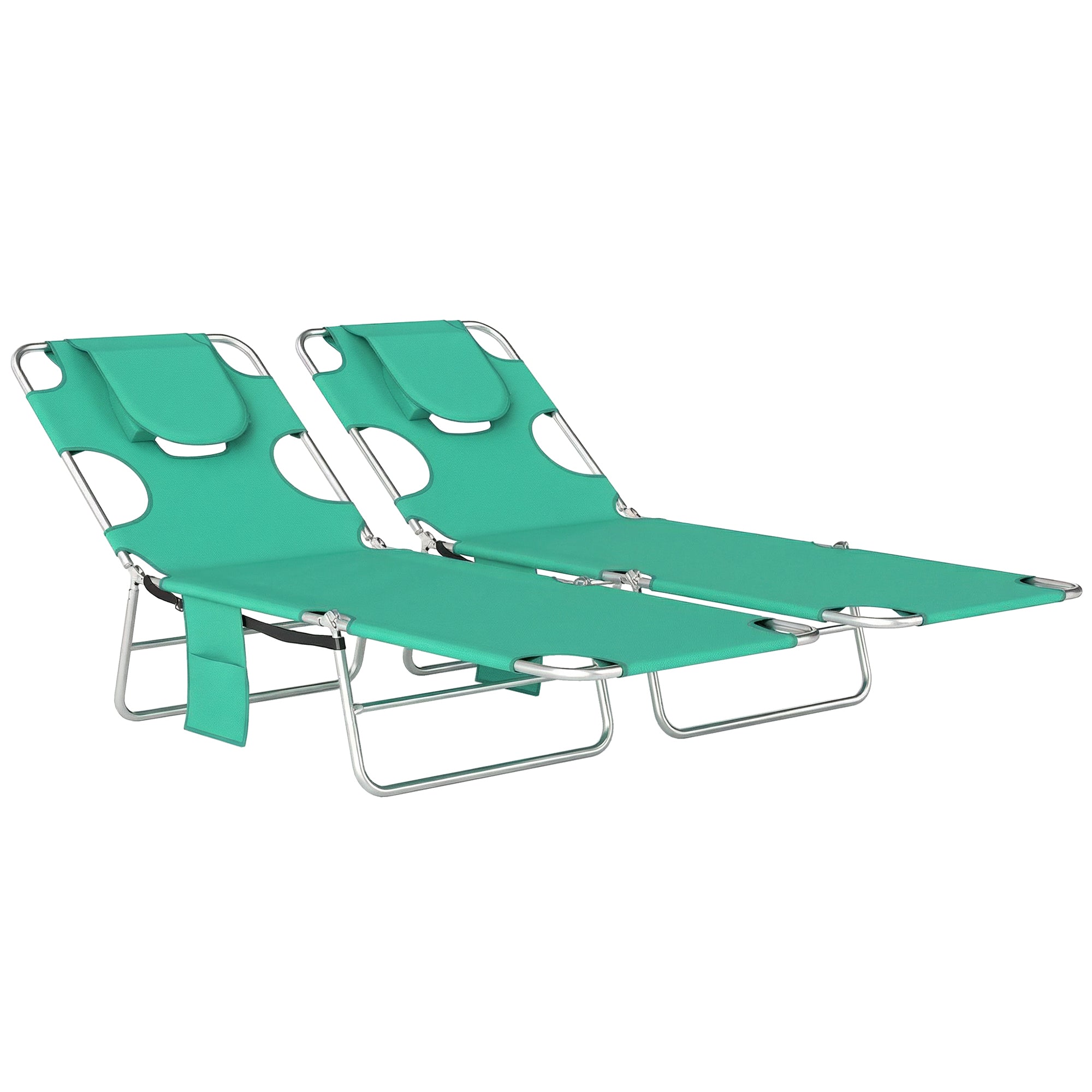 Outsunny 5-Position Adjustable Sun Loungers Set of 2 with Reading Hole and Side Pocket, Green