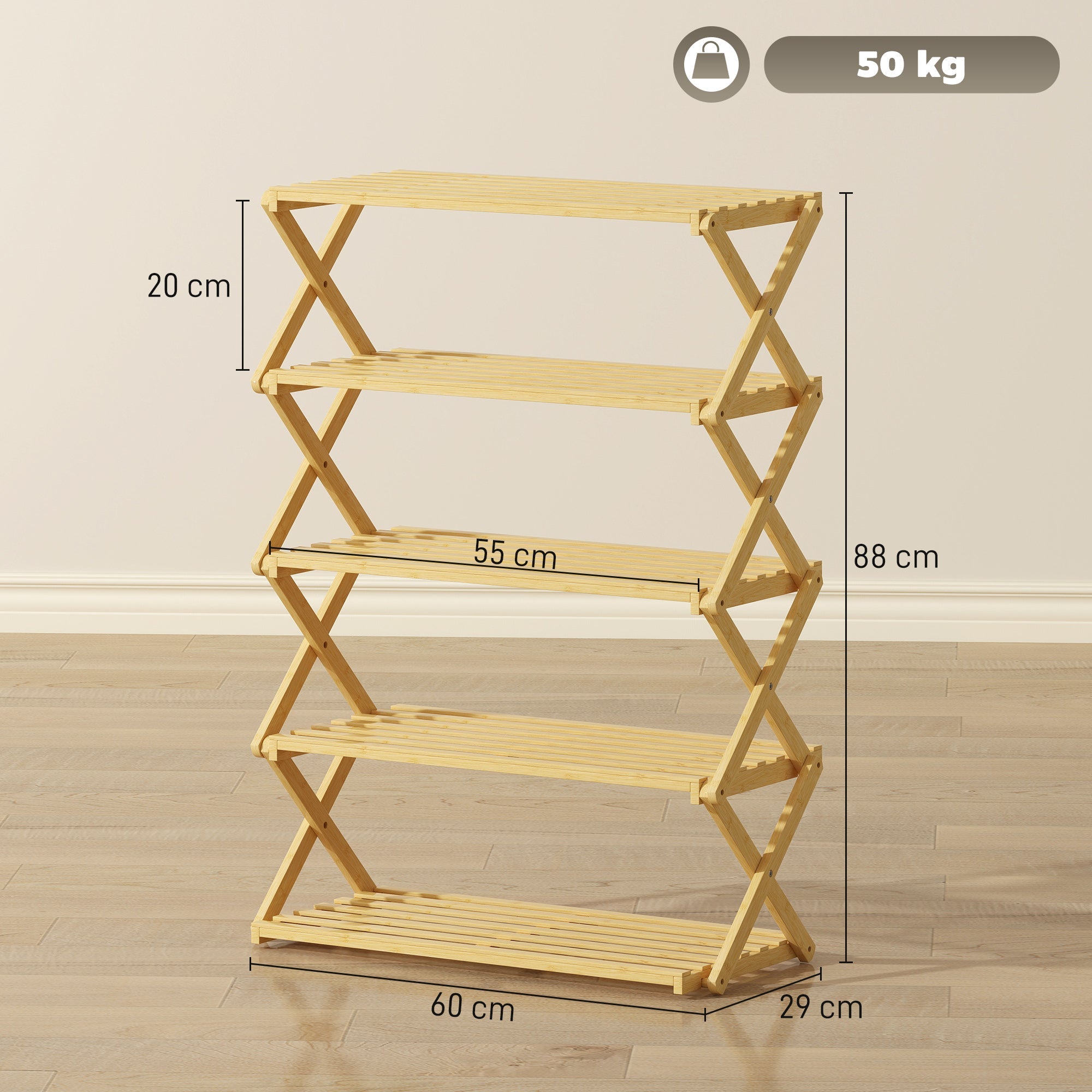 HOMCOM Five-Tier Folding Bamboo Shoe Rack - Natural Finish