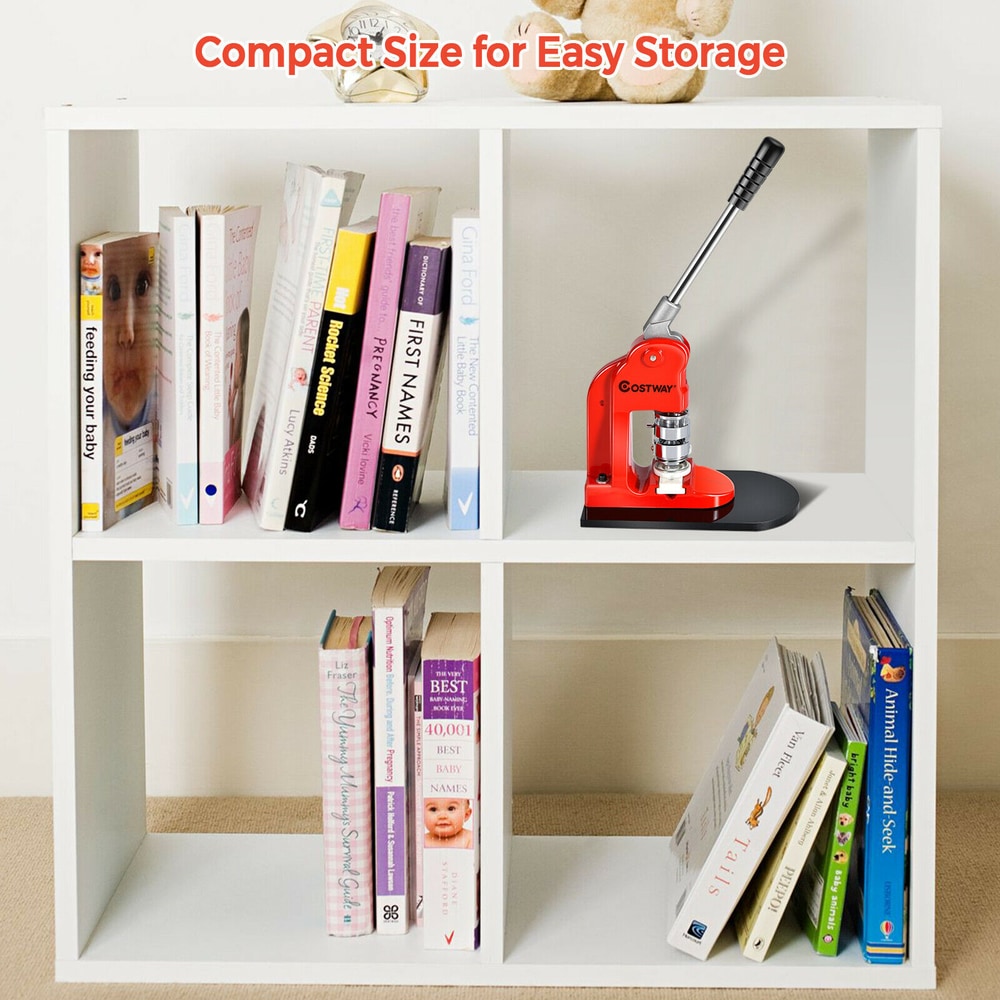 The red badge making machine stored neatly on a shelf in a white cube bookcase