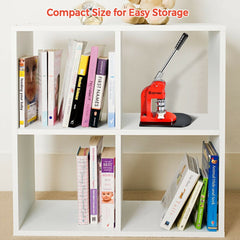 The red badge making machine stored neatly on a shelf in a white cube bookcase
