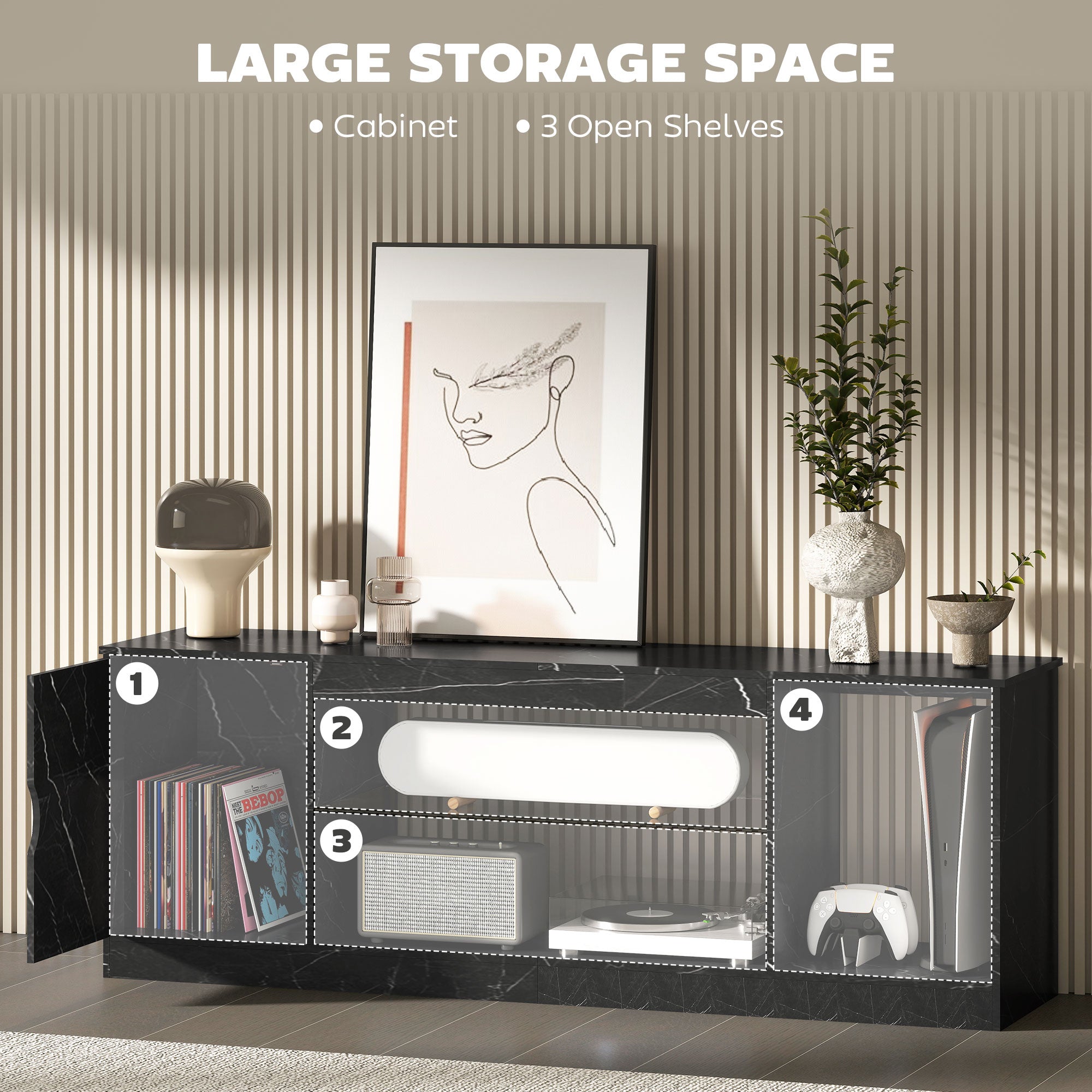 HOMCOM TV Stand Cabinet, Marble Effect TV Unit for up to 55" TVs with Glass Shelf and Storage Cabinet, Entertainment Unit for Living Room, Bedroom, Black