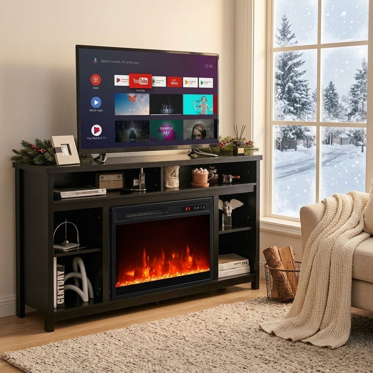 58 Inch TV Stand and Electric Fireplace Bundle with Adjustable Shelves