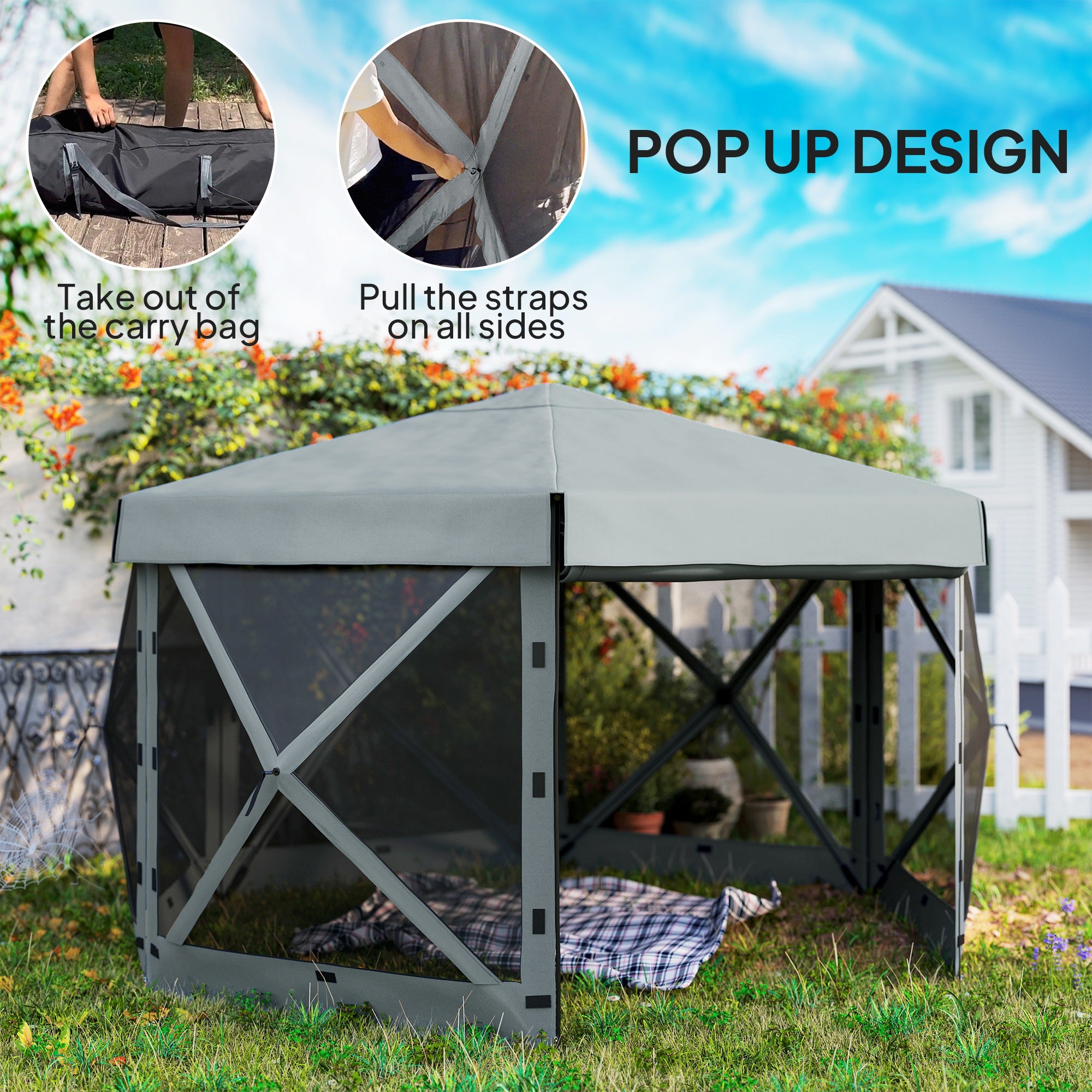 Outsunny 3 x 3(m) Hexagon Pop Up Gazebo with 5 Sides and Carry Bag, Waterproof, UV Resistant Party Tent Instant Event Shelter with Netting for Garden, Patio, Light Grey