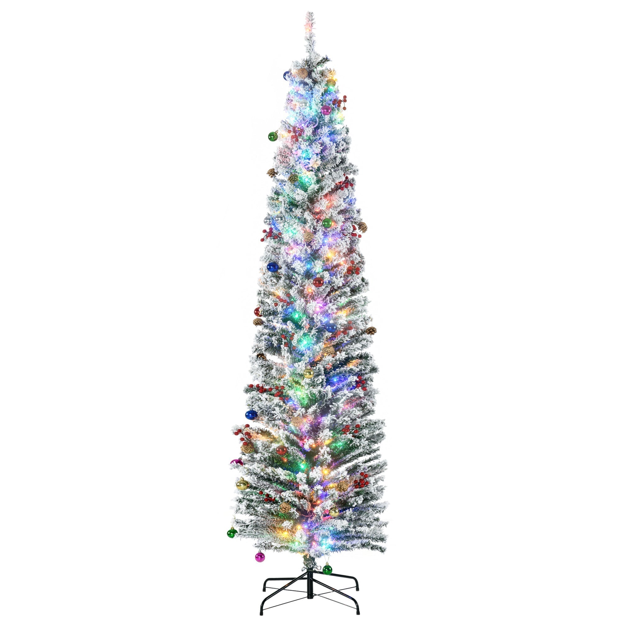 HOMCOM 7.5' Artificial Prelit Christmas Trees Holiday D√É¬©cor with Colourful LED Lights, Flocked Tips, Berry, Pine Cone