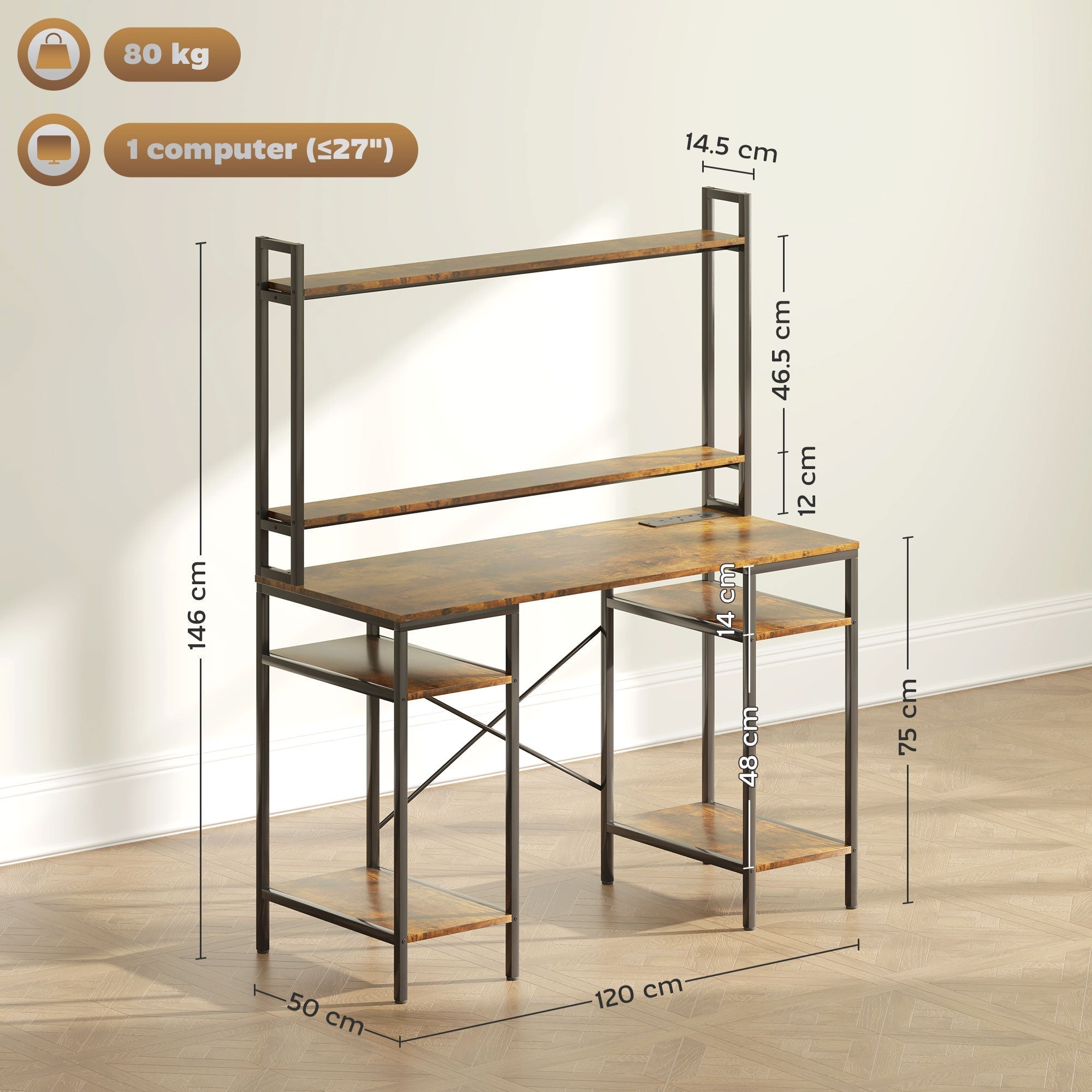HOMCOM Computer Desk with Power Outlets and LED Lights, Home Office Desk with Monitor Stand, 2 CPU Stands and Storage Shelves, Study Table Gaming Desk with Hutch, Rustic Brown