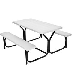 Picnic Table Bench Set with Metal Base Wood for Outdoor-White