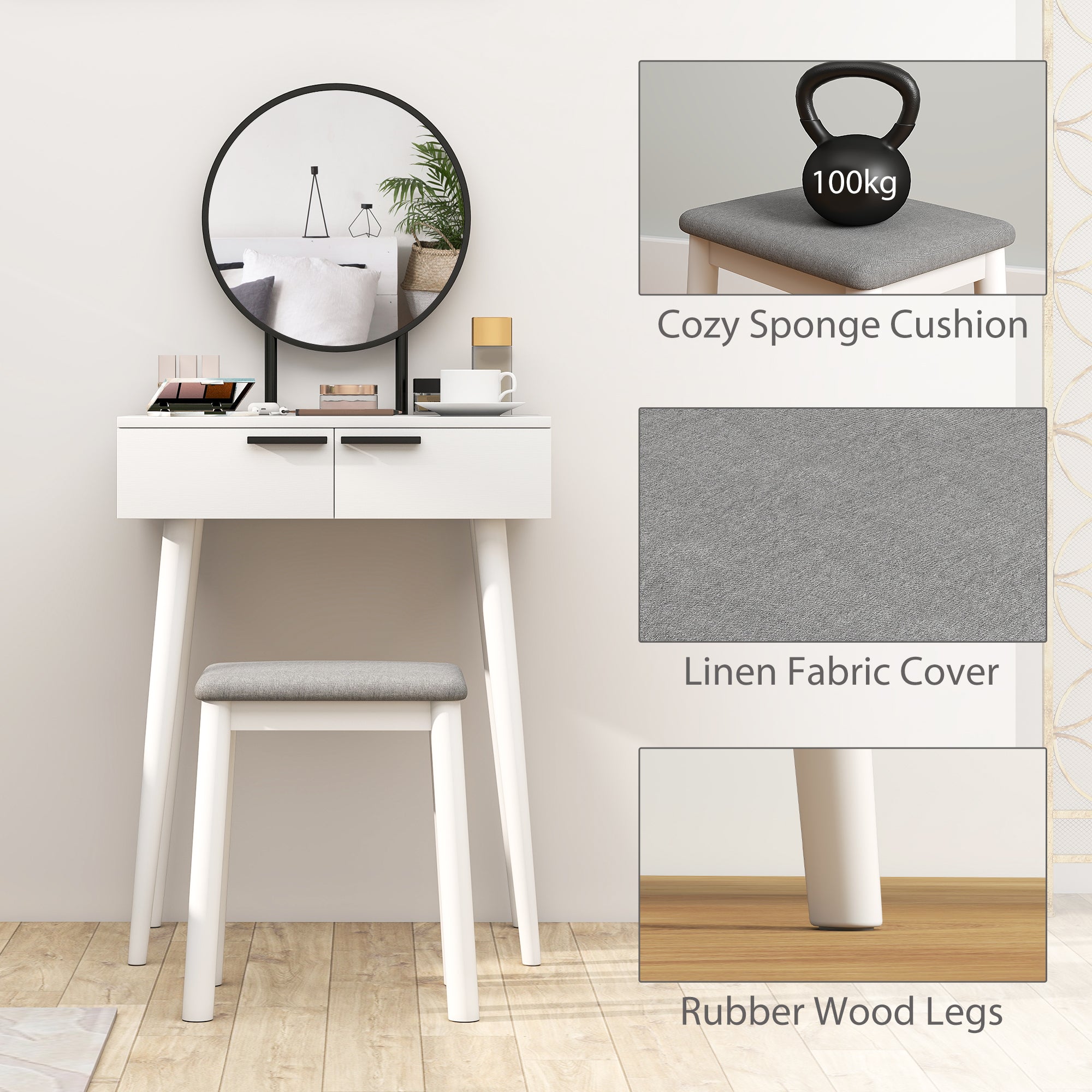 HOMCOM Dressing Table with Mirror and Stool, Vanity Makeup Desk Set with 2 Drawers, Cushioned Stool and Make-up Organiser for Bedroom and Dressing Room, 60 x 40 x 123 cm, White