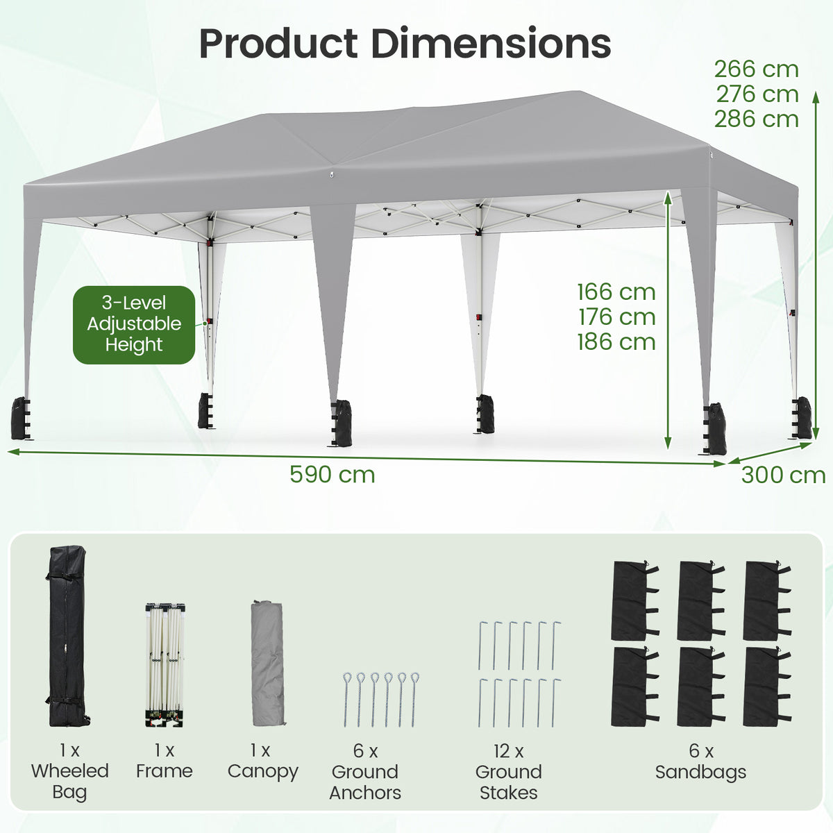 590 x 300 CM Outdoor Pop up Canopy Tent with Wheeled Bag-Grey