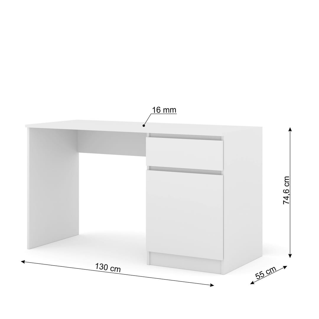 The desk with technical lines and arrows showing the dimensions and board thickness