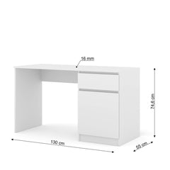 The desk with technical lines and arrows showing the dimensions and board thickness