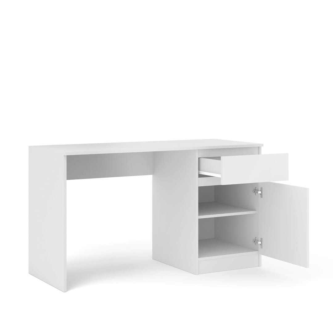 The desk with the drawer pulled out and the cupboard door open to reveal storage shelves