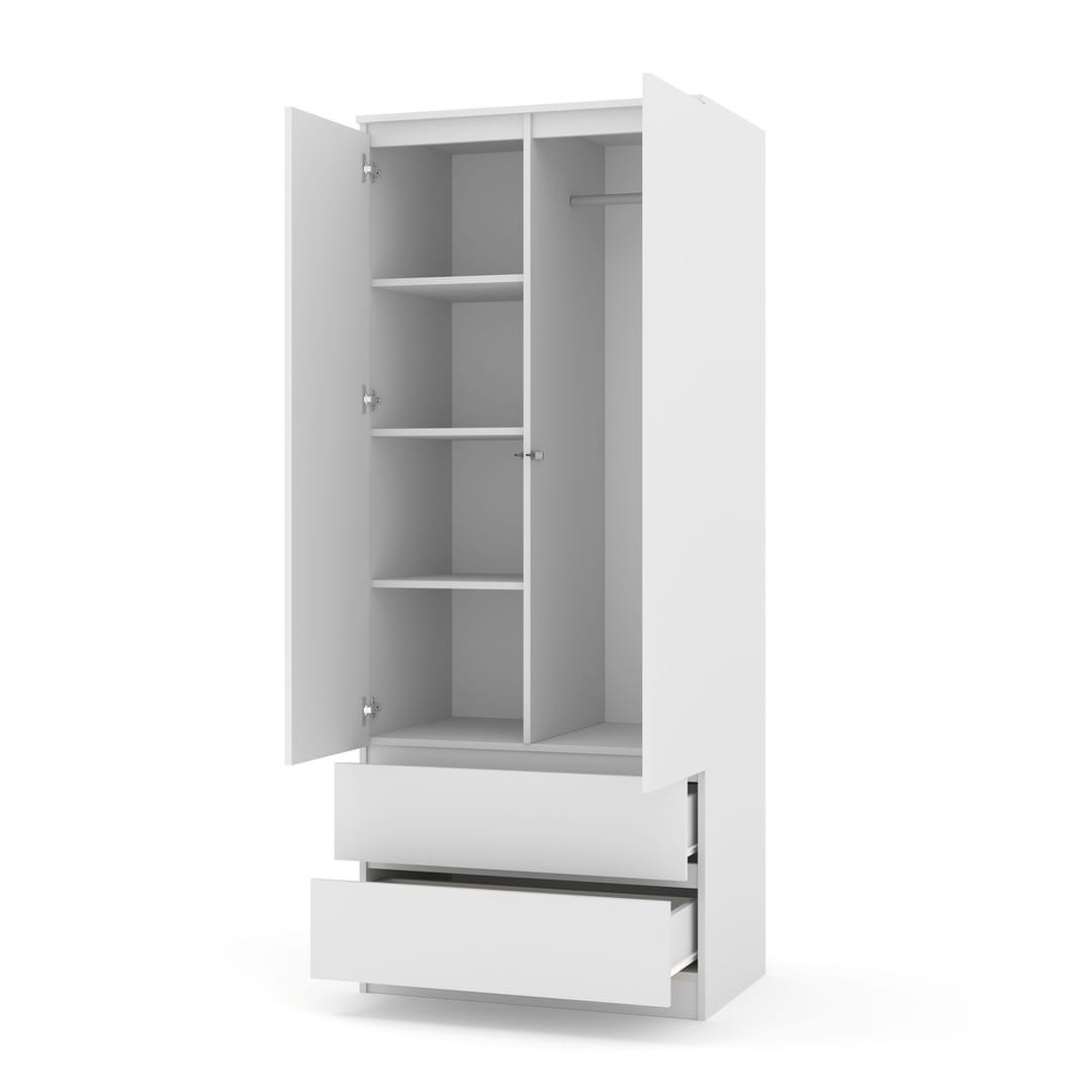 The open hinged wardrobe showing shelves and hanging rail
