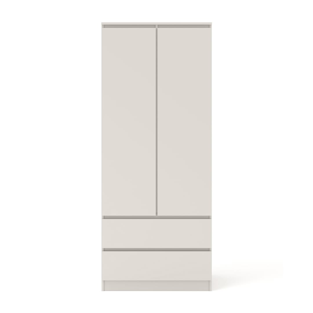 A light cream hinged wardrobe with two doors and two drawers closed