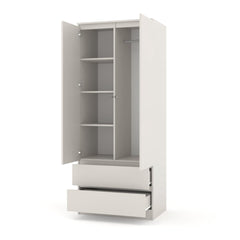 The open hinged wardrobe in light cream showing shelves and rail