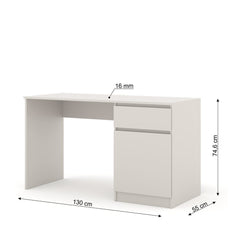 The white desk shown from the front with arrows indicating its dimensions