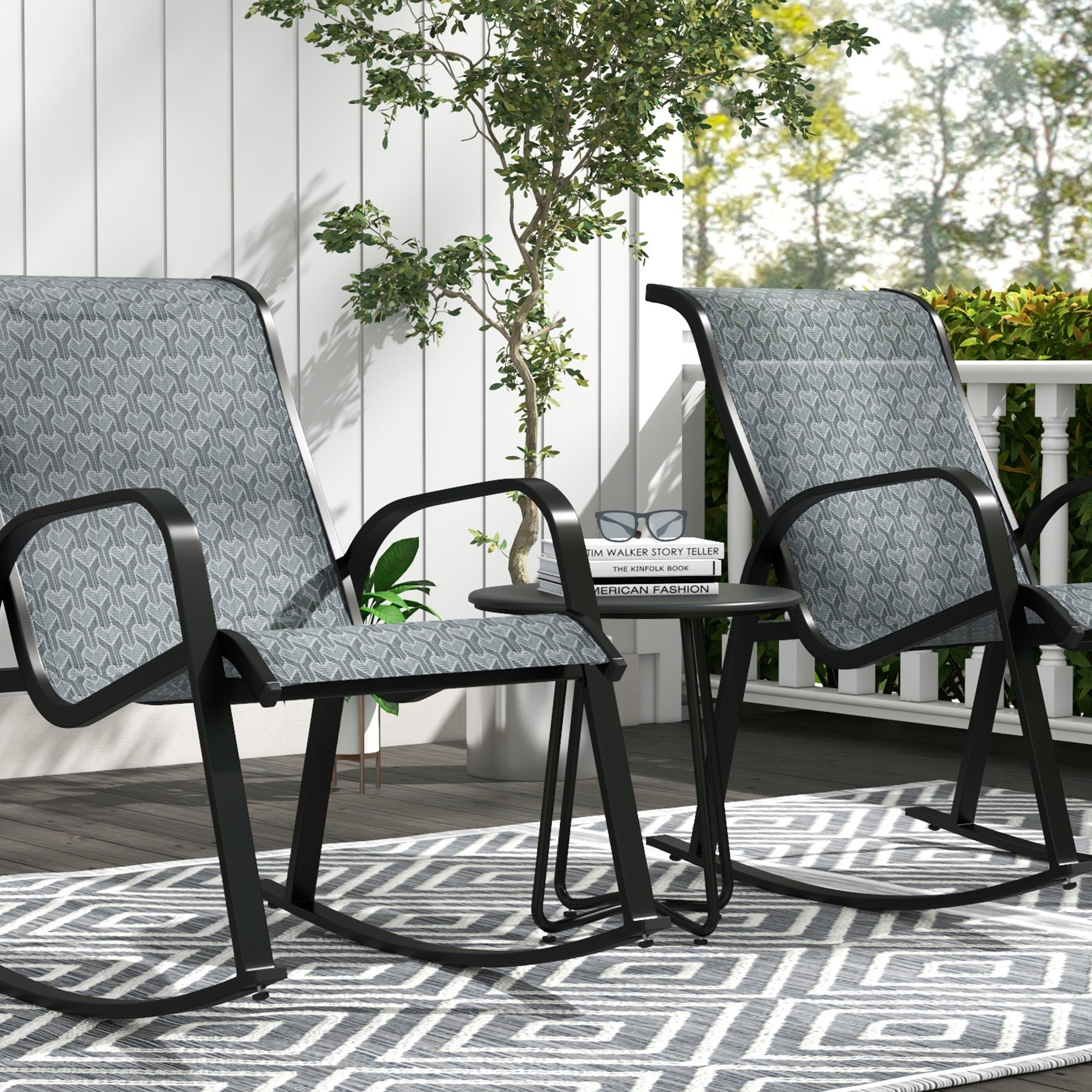 Outsunny 3 Piece Outdoor Rocking Set with 2 Armchairs and Metal Top Coffee Table, Patio Bistro Set with Curved Armrests, Breathable Mesh Fabric Seat for Garden, Deck, Mixed Grey