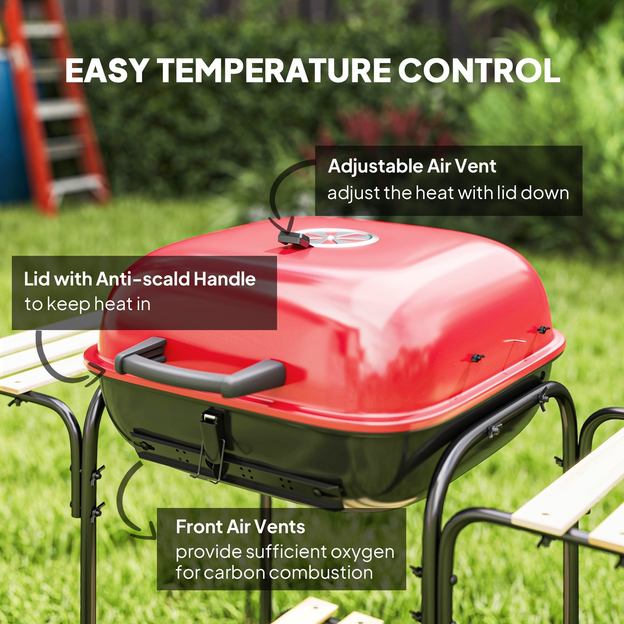 Outsunny Charcoal Barbecue Grill Portable BBQ Grill with 1840 cm√Ç¬≤ Cooking Area, 3 Shelves, Adjustable Vent, Lockable Lid, Wheels for Outdoor Cooking, Garden Party, Red