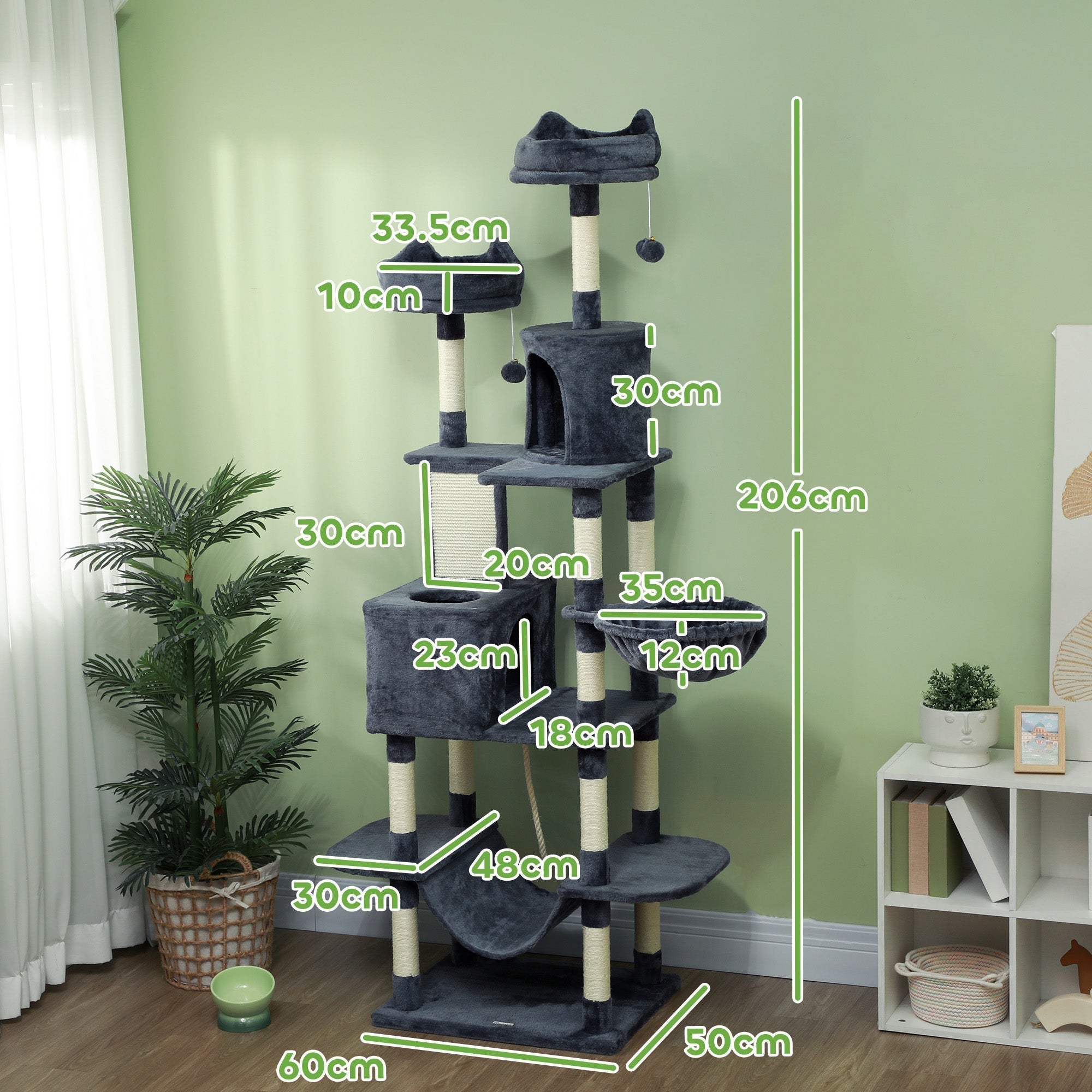 PawHut 206cm Cat Tree, Multi-Level Cat Tower with Scratching Posts and Board, Beds, Condos, Platforms, Toy Balls, Dark Grey