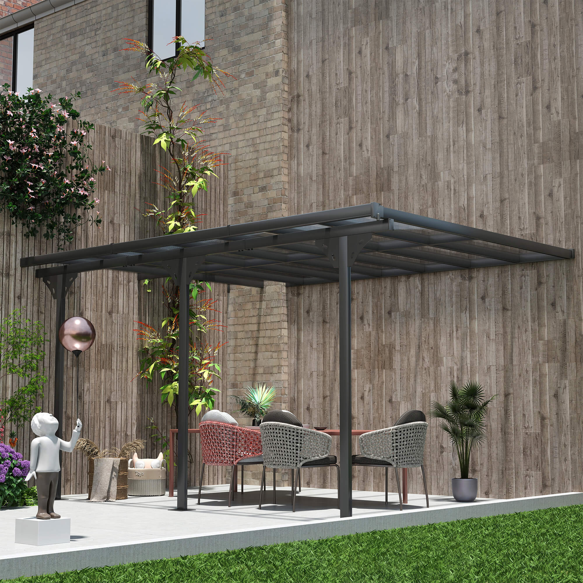 Outsunny 4.35 x 3m Outdoor Patio Gazebo Pergola, Retractable Pergola Canopy Aluminum Post & PC Roof, Grey