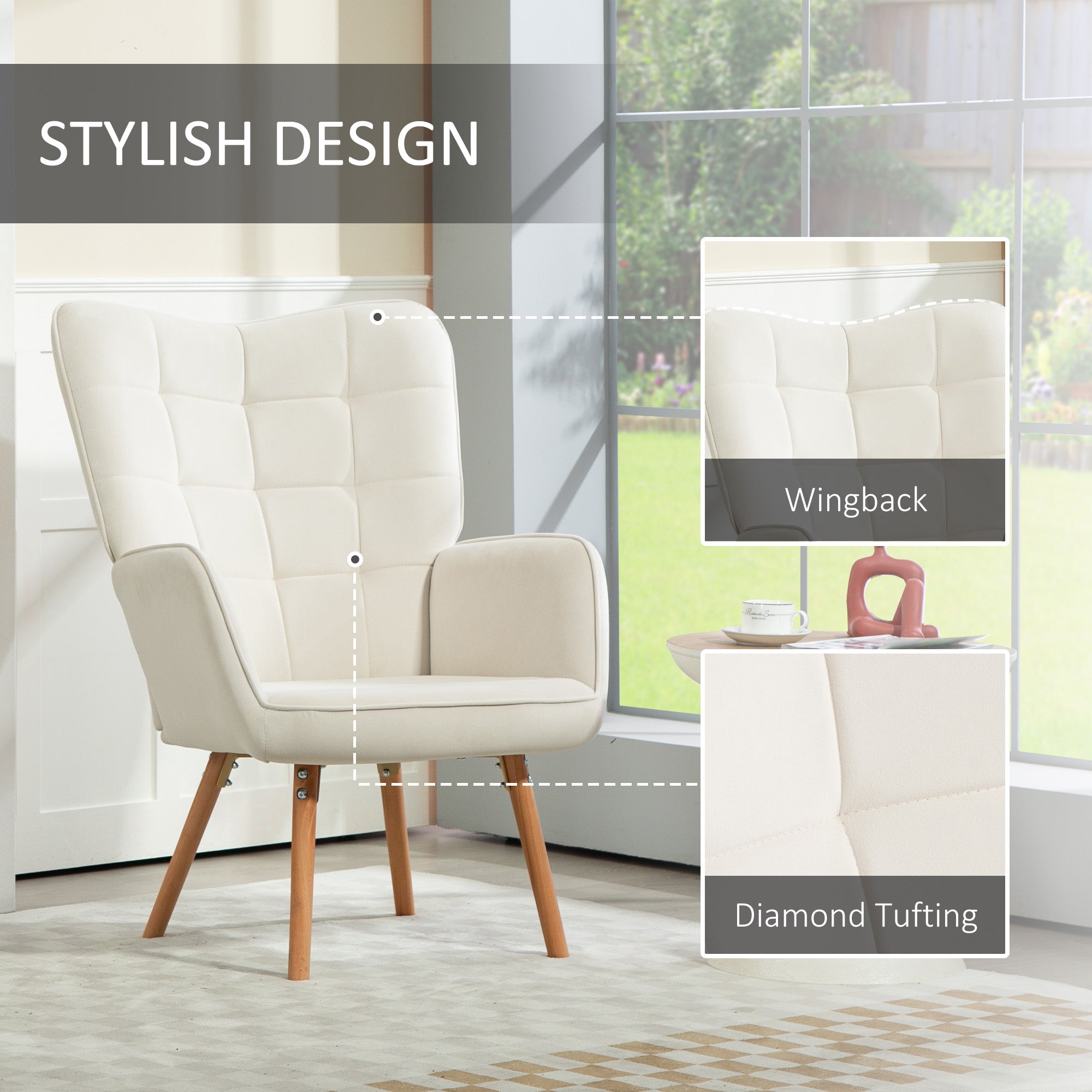 HOMCOM Modern Accent Chair Set of 2 Velvet-Touch Tufted Wingback Armchair Upholstered Leisure Lounge Sofa Club Chair with Wood Legs, Cream White