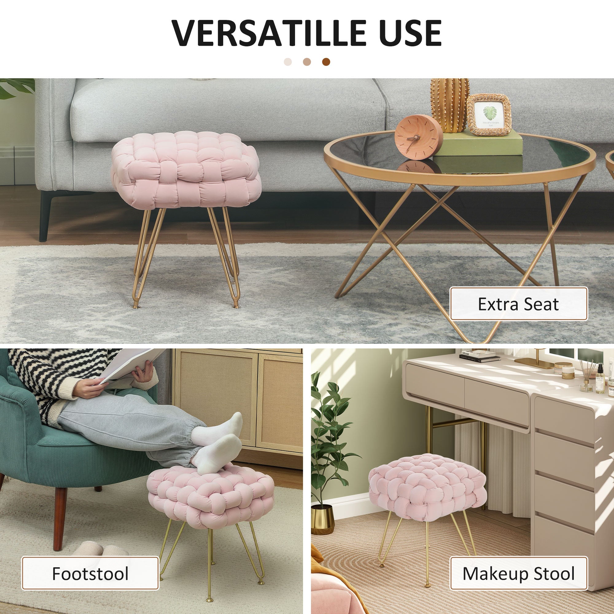 HOMCOM Velvet-Feel Bold Woven Footstool - Pink