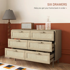 HOMCOM Chest of Drawers, 6-Drawer Dresser, Tall Storage Drawer Unit with Rattan Element for Bedroom, Living Room, Oak