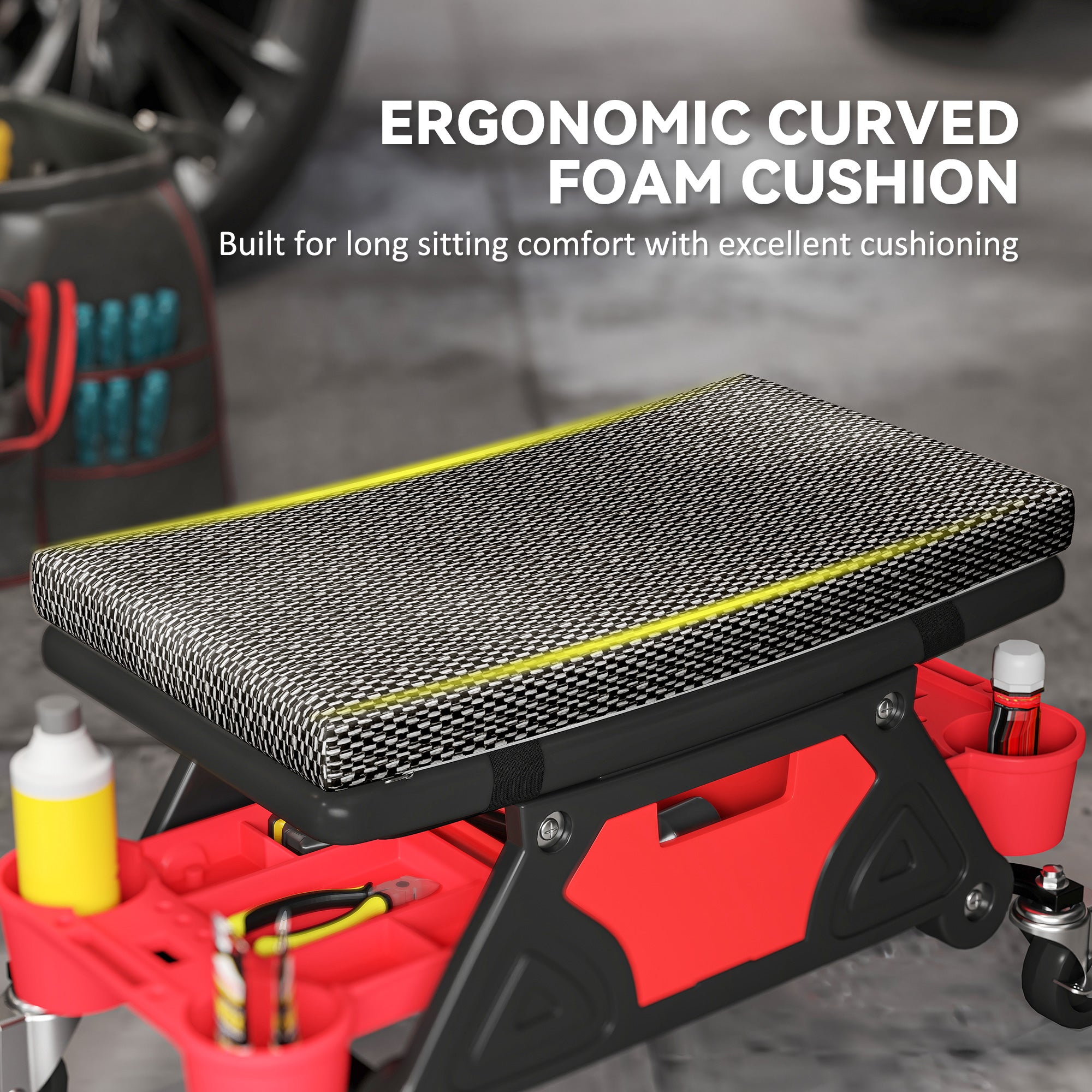 HOMCOM Rolling Mechanic Stool, 135kg Capacity Workshop Stool, 360√Ç¬∞ Swivel Roller Padded Creeper Seat with Wheels, Slide Out Tool Trays and Drawer for Garage, Shop, Auto Repair, Black