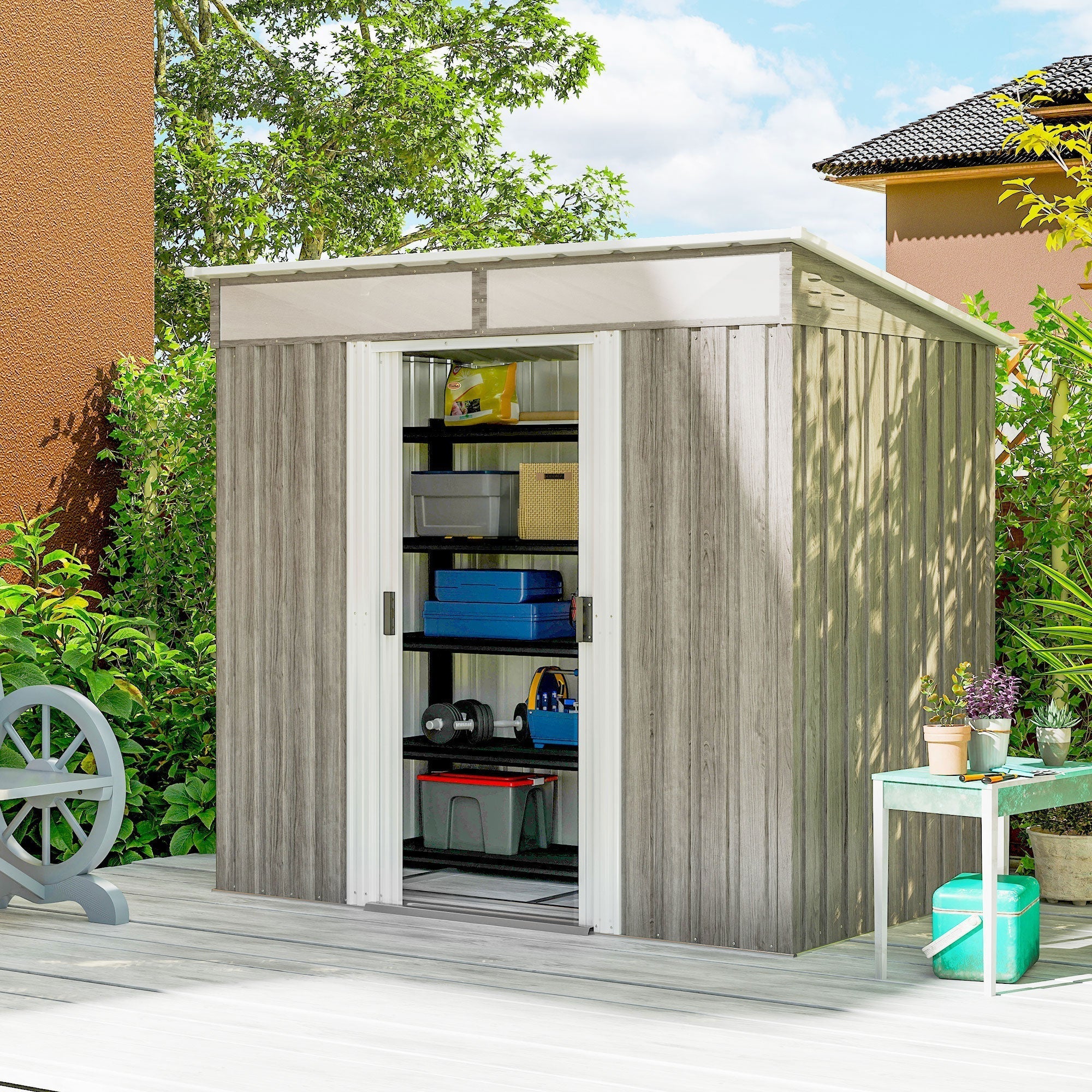 Outsunny 6.5 x 4FT Galvanised Metal Shed with Foundation Kit, Lockable Tool Garden Shed with Double Sliding Doors, Vents, Light Grey Wood Effect