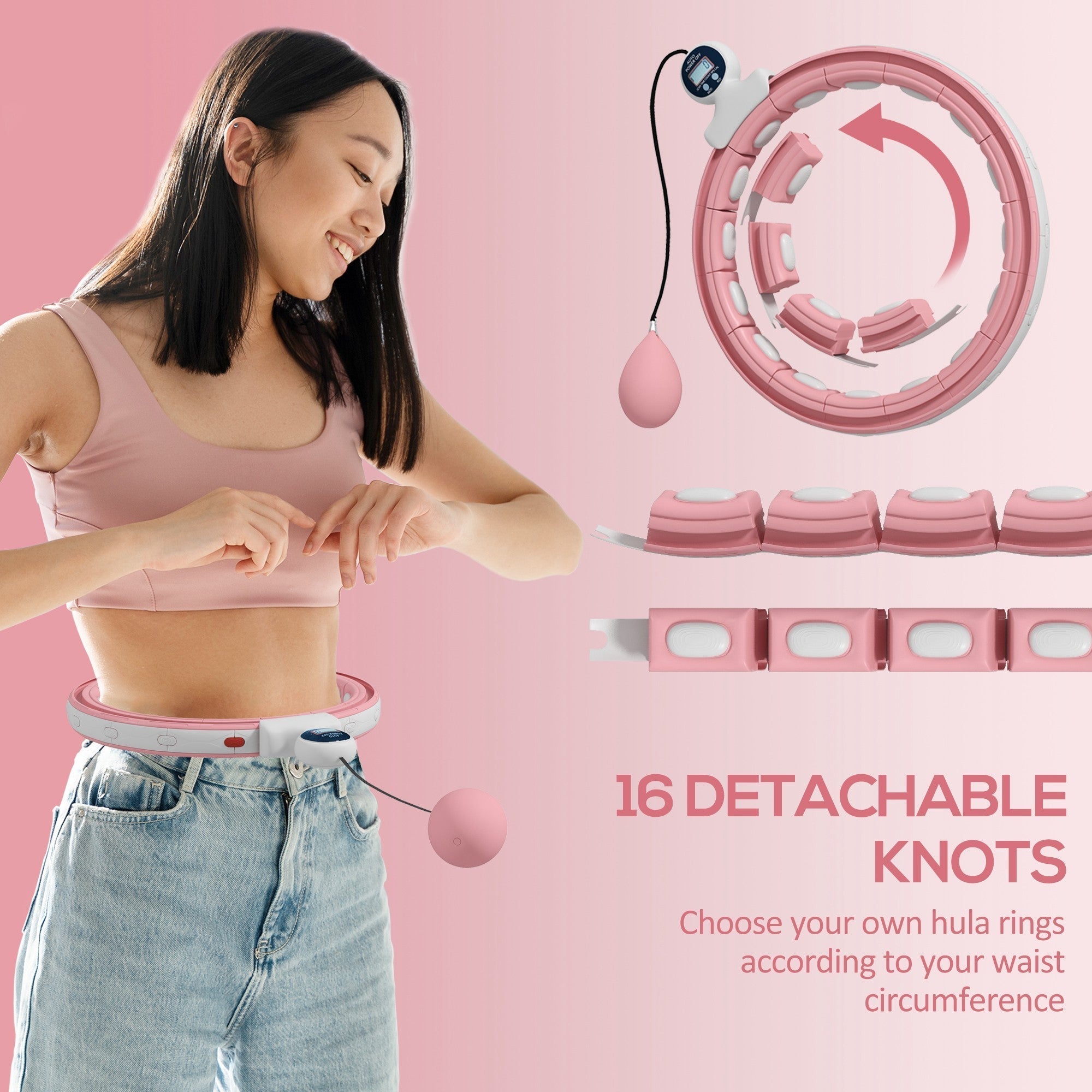SPORTNOW Smart Weighted Hula Hoop, Massage Hula Ring w/ 16 Detachable Knots, 360  Auto-Rotating Ball, Digital Counter, Pink
