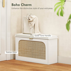 HOMCOM Boho Shoe Bench with Padded Seat and Flip-Drawer - White