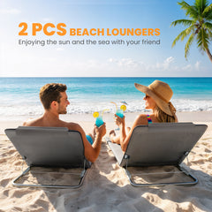 Outsunny Set of 2 Foldable Garden Beach Chair Mat Lightweight Outdoor Sun Lounger Seats Adjustable Back Metal Frame PE Fabric Head Pillow w/ Carry Bag,Grey