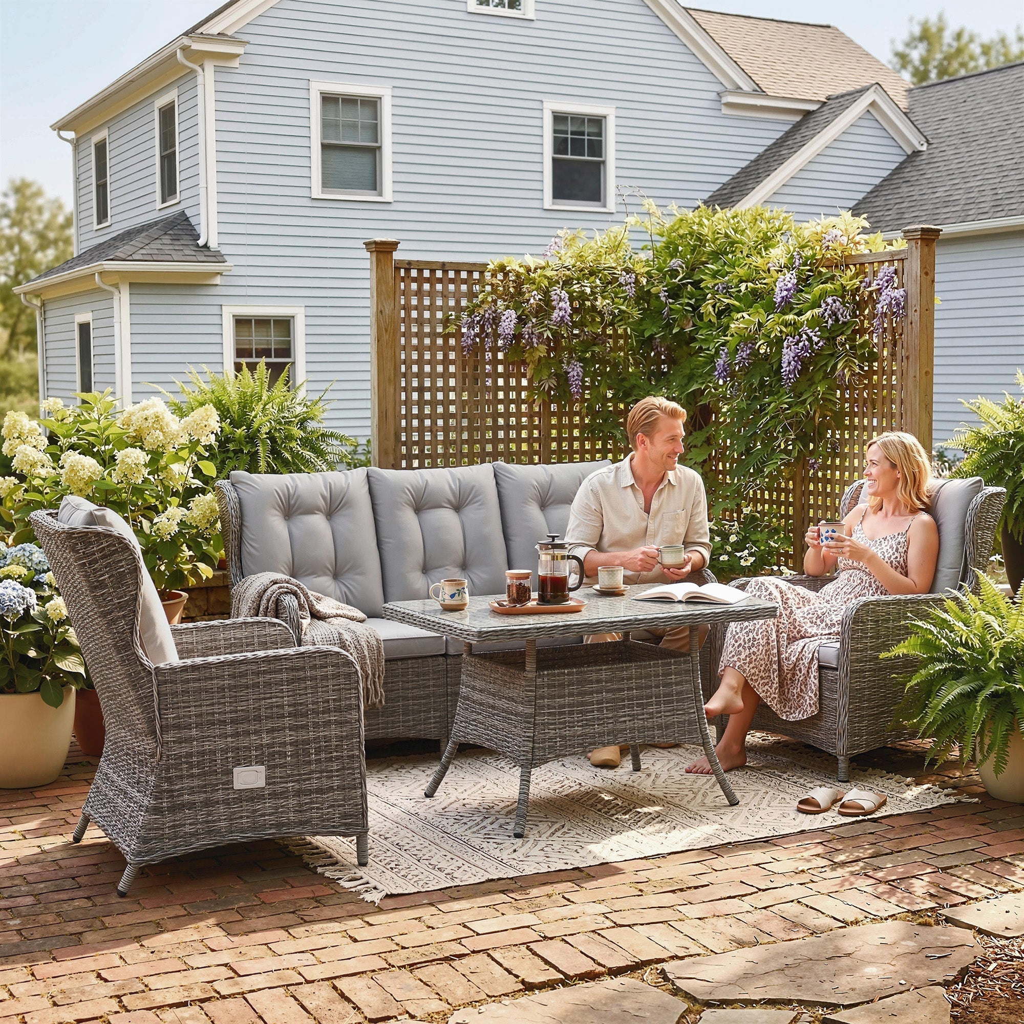 Outsunny 5 Seater Rattan Garden Furniture Set with Sofa, Reclining Chairs, Table, Patio Rattan Furniture Sofa Sets, Grey