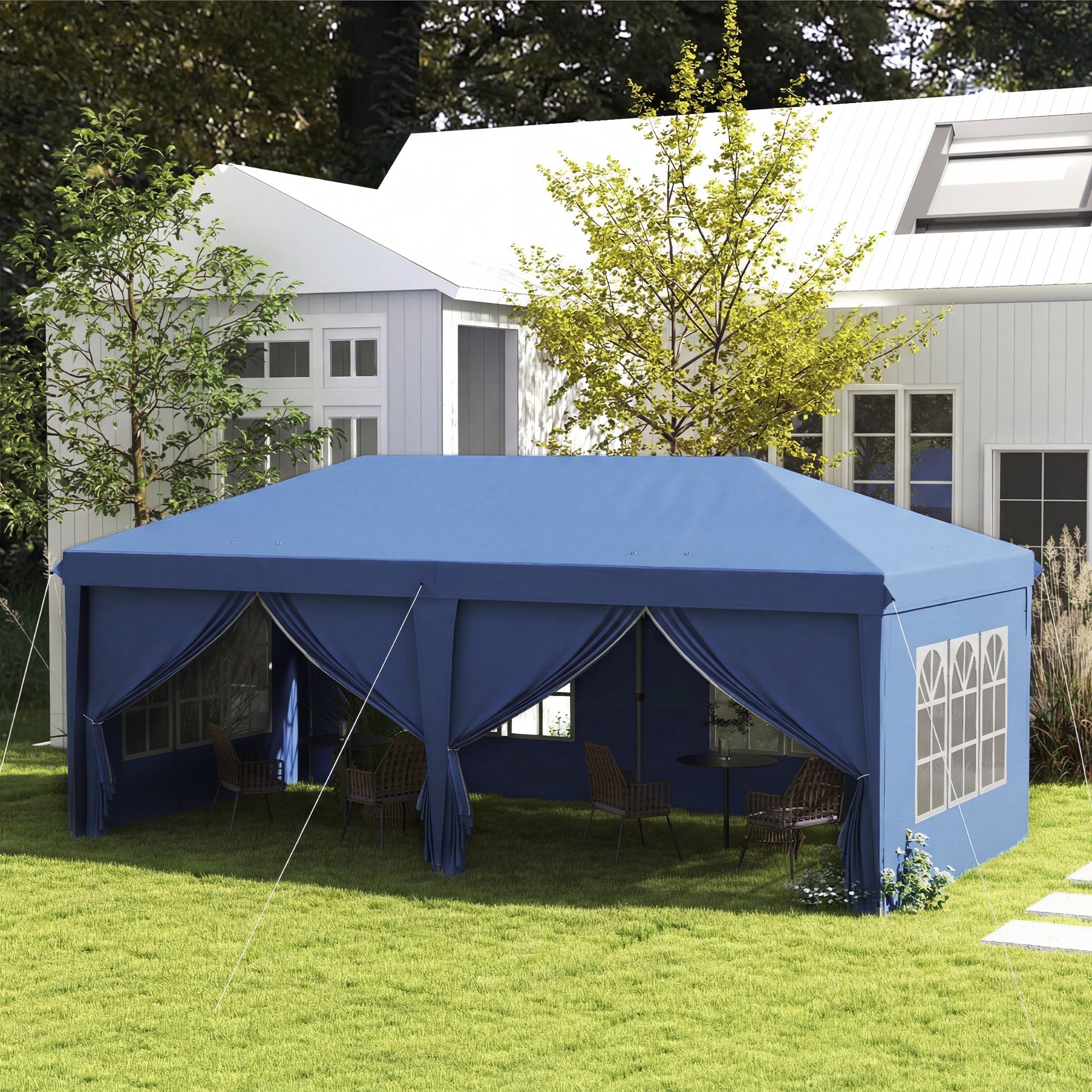 Outsunny 3 x 6m Pop-Up Gazebo, with Curtain Walls and Windows - Blue