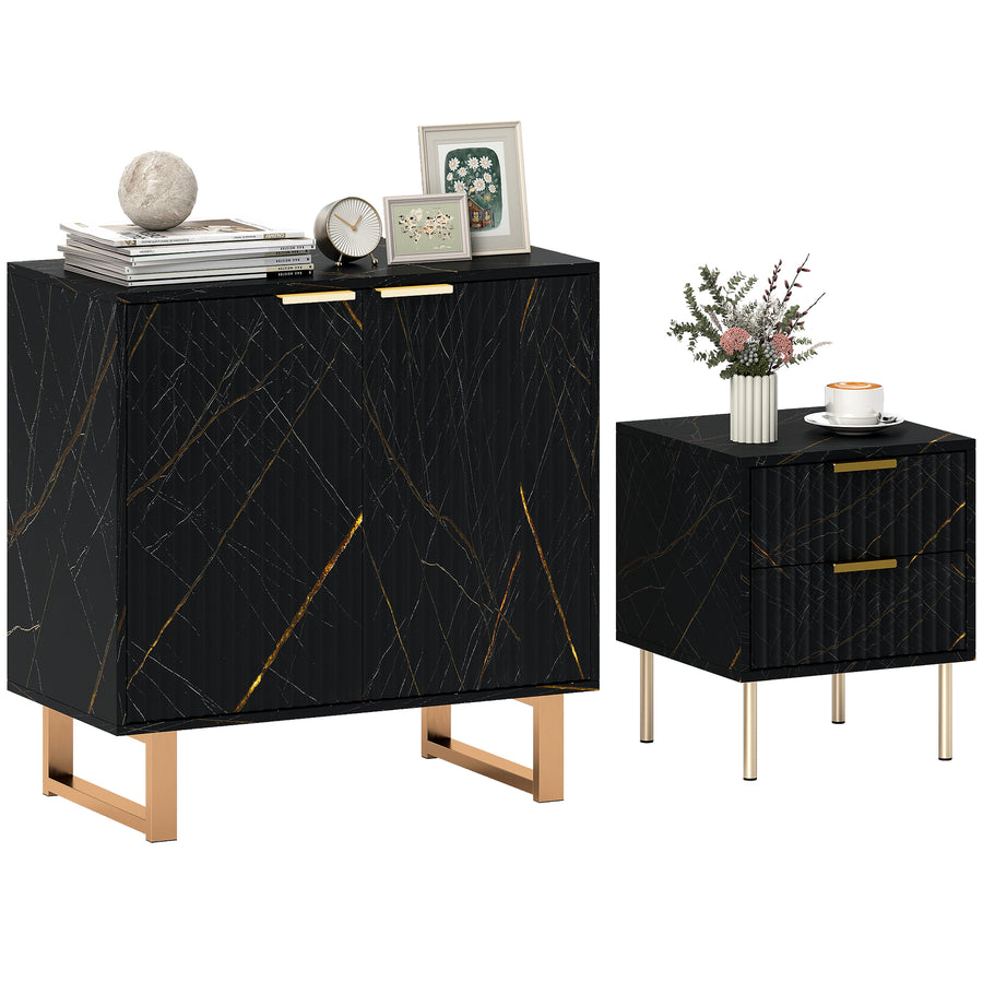 HOMCOM Sideboard, Accent Cabinet with Marble Effect, Adjustable Shelf, Fluted Doors and Drawers, Black