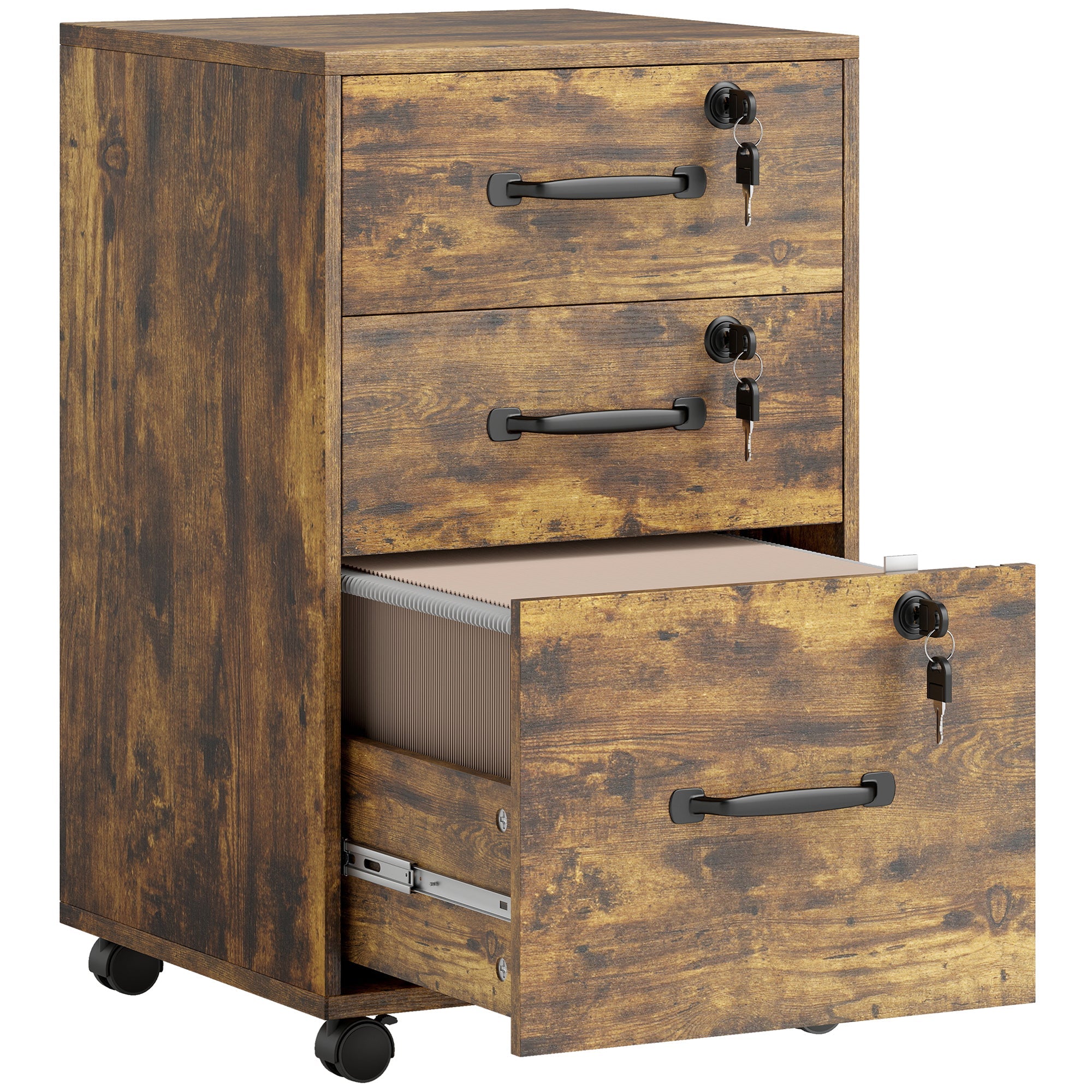 HOMCOM Three Drawer Wood-Effect Filing Cabinet - Rustic Brown