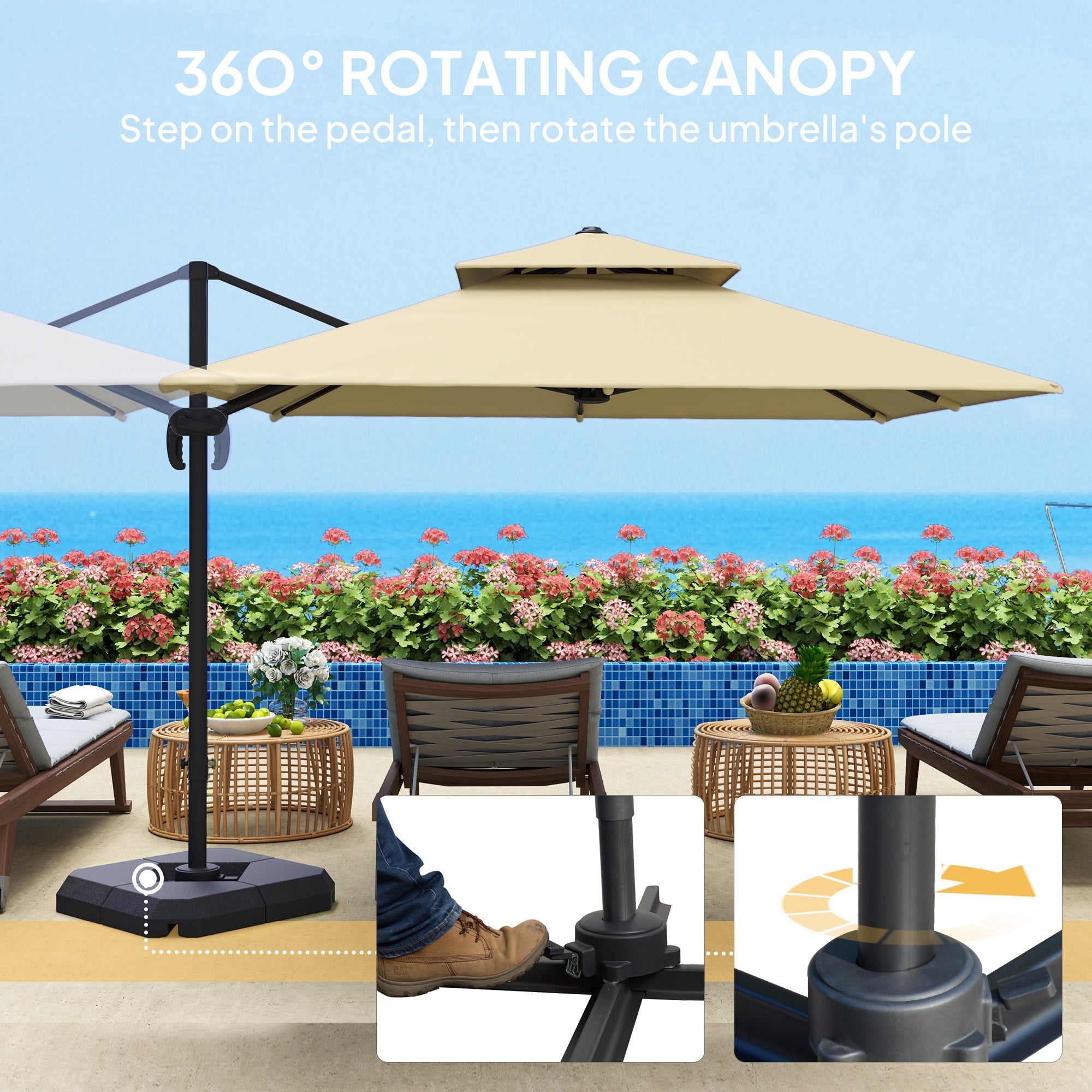 Outsunny 2.7 x 2.7(m) Cantilever Parasol with Aluminium Frame, Crank and Tilt, 360-Degree Rotation, Double Top Garden Umbrella with Base and Cover, Khaki