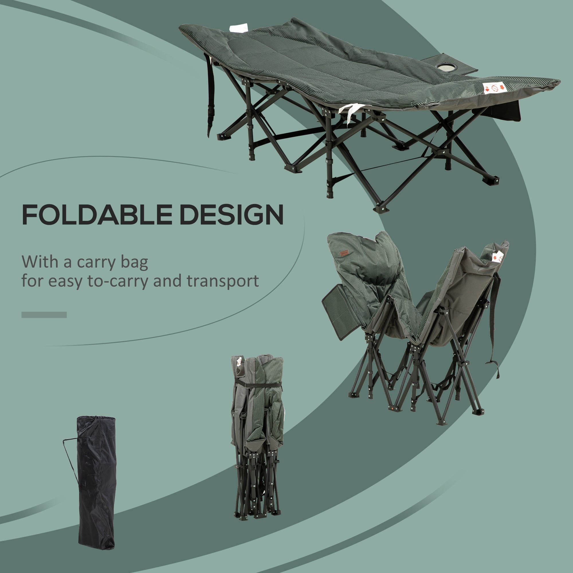 Outsunny Foldable Camp Bed, Padded Patio Camping Bed with Carry Bag, Magazine Bag and Cup Holder for Outdoor, Garden, Grey