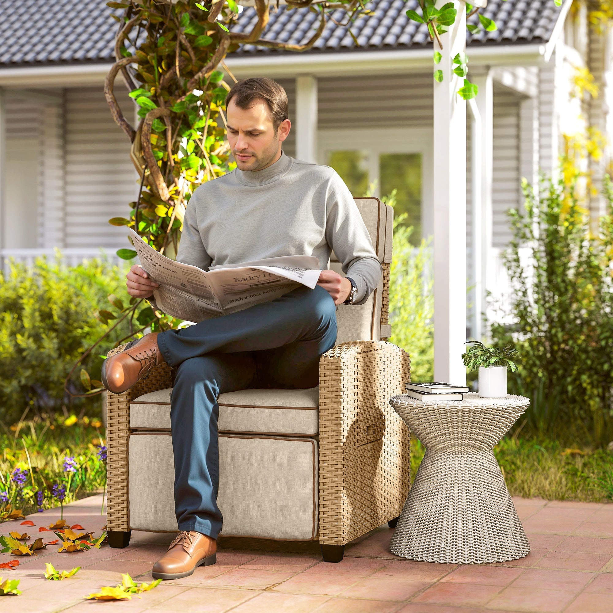 Outsunny 145Â° Reclining Rattan Armchair, with Footrest - Khaki/Beige