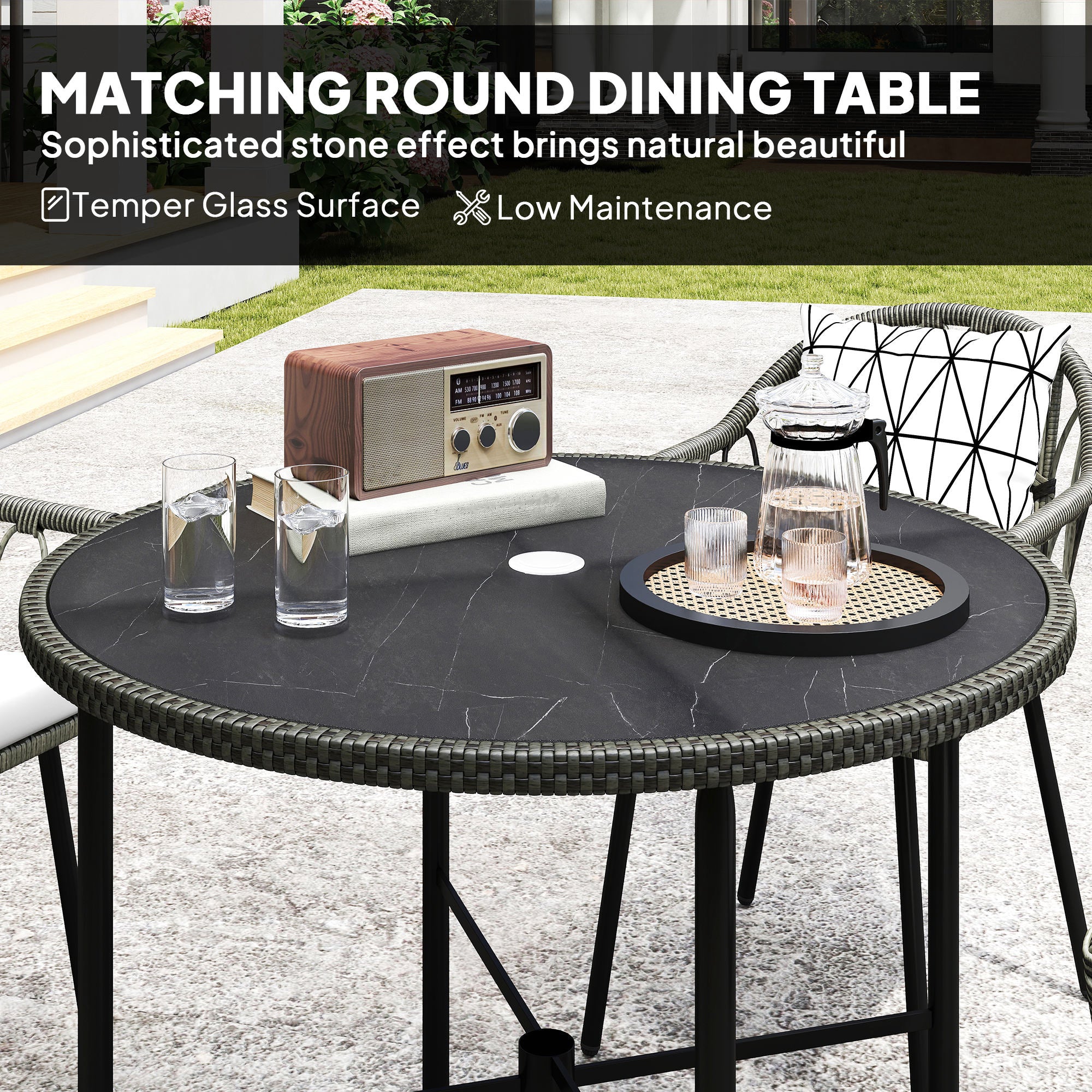 Outsunny 5 Piece Patio Rattan Dining Set, Wicker Garden Table and Chairs w/ Removable Seat & Back Cushions, Round Tempered Glass Tabletop, Parasol Hole, Outdoor Furniture Conservatory Set, Grey