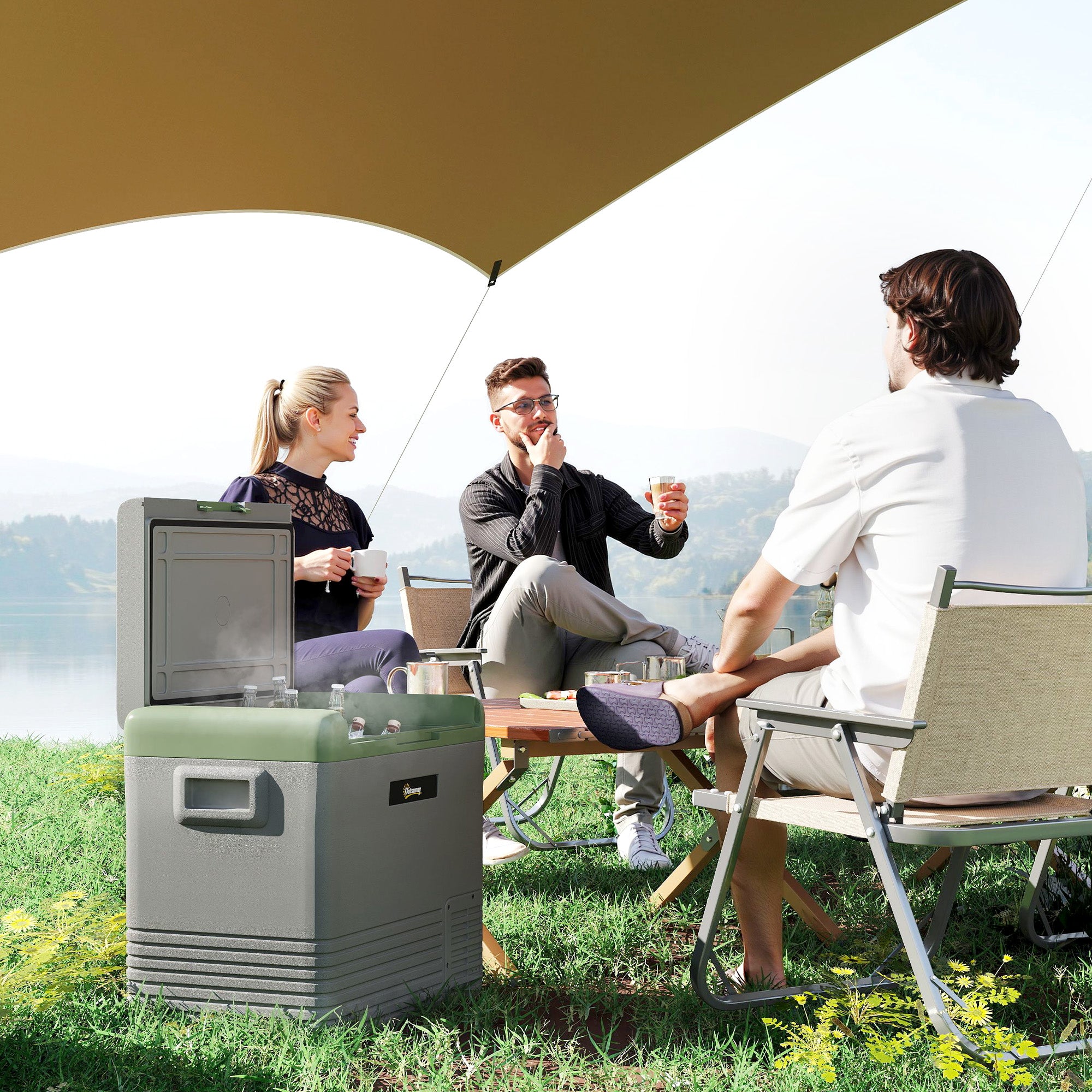 Outsunny 50L Portable Car Refrigerator - Light Green and Grey