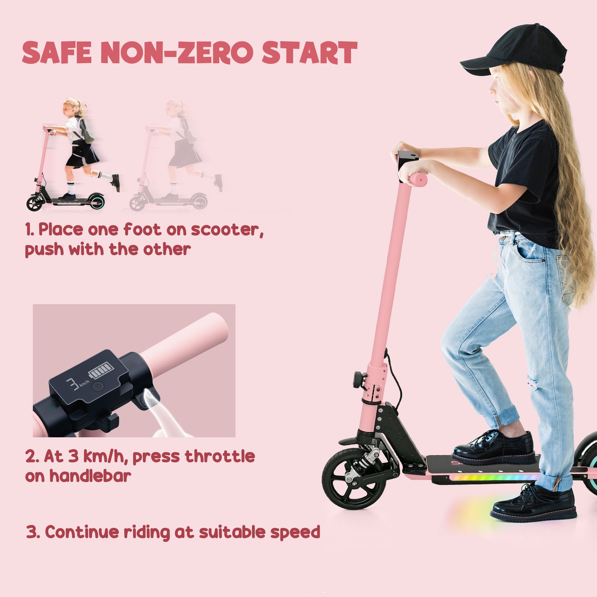 SPORTNOW Folding Electric Scooter for Kids, with Dual Brakes, Front Suspension, LED Colourful Lights, Pink