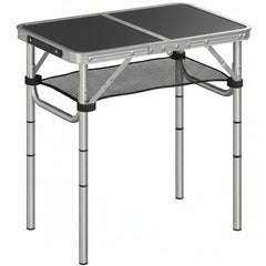 Outsunny 2ft Folding Camping Table, Picnic Table with Mesh Storage Layer, 4 Adjustable Heights and Carrying Handle, Black